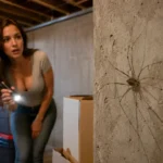 Female homeowner spotting a daddy long legs (harvestman) on a basement wall during a home inspection.