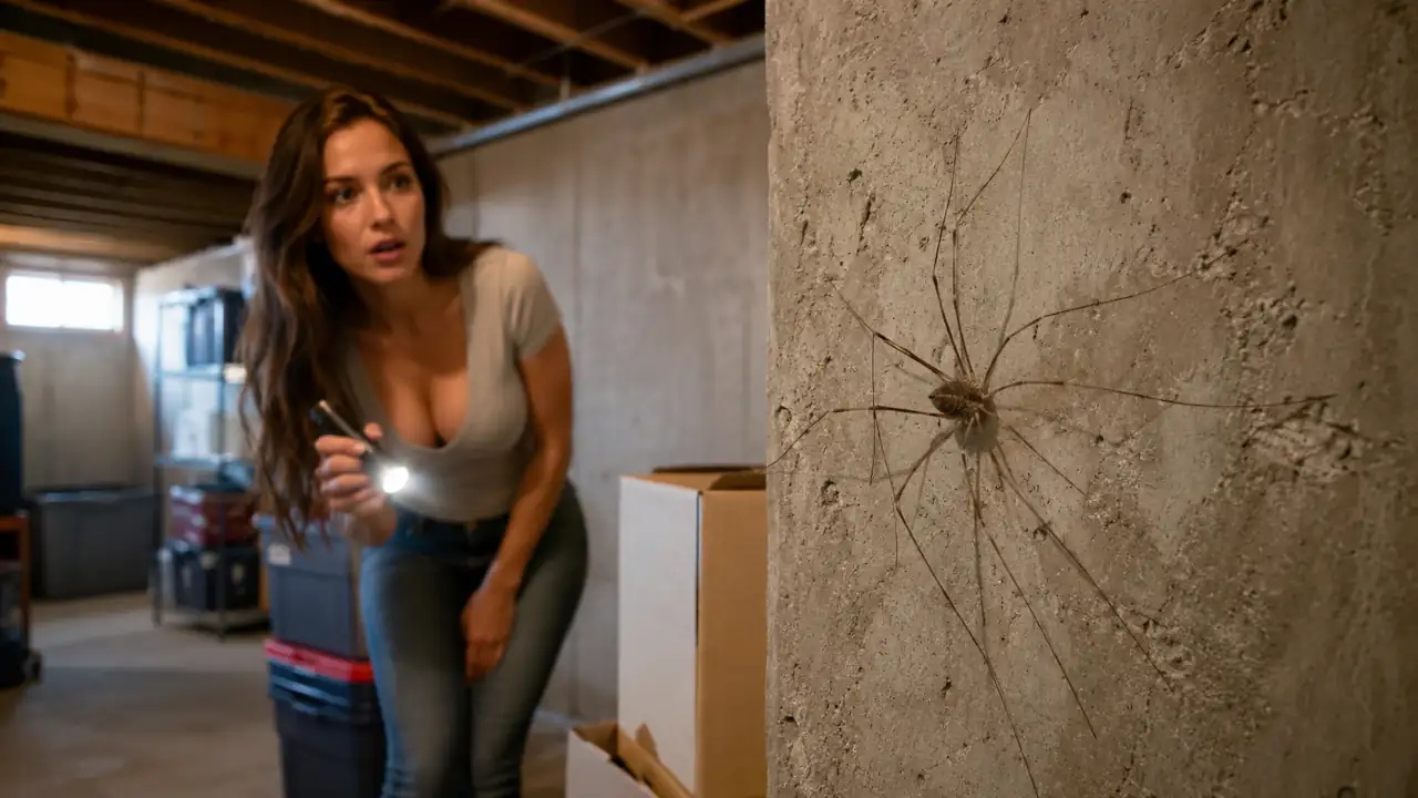 Female homeowner spotting a daddy long legs (harvestman) on a basement wall during a home inspection.