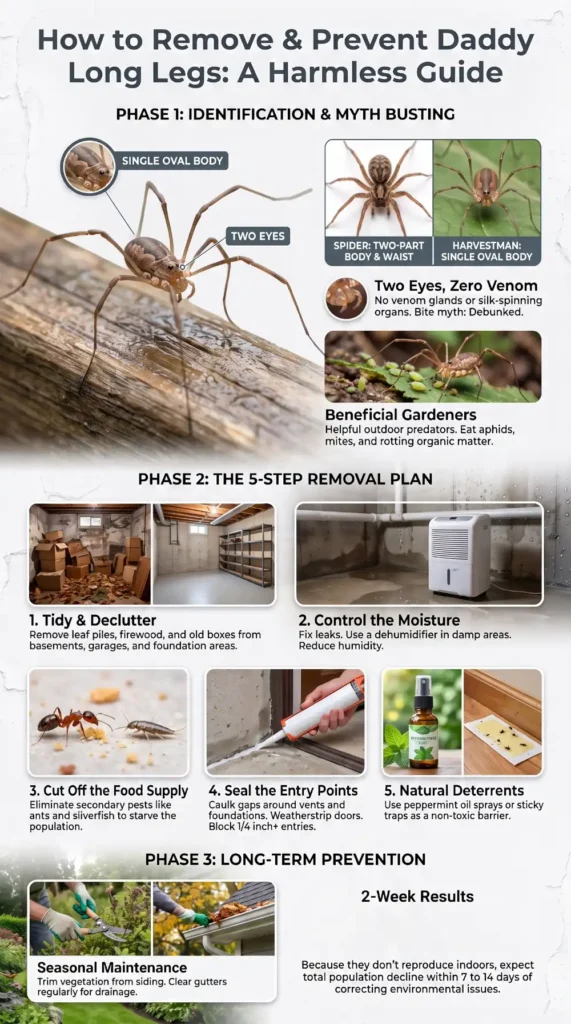 Infographic showing how to get rid of daddy long legs by identifying harvestmen, reducing moisture, removing food sources, sealing entry points, using natural deterrents, and preventing future infestations.