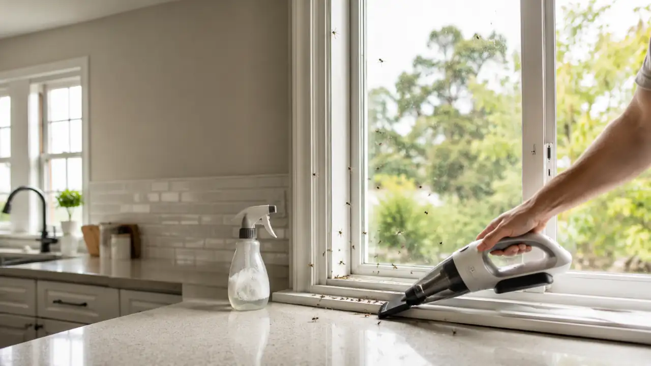 Homeowner using a handheld vacuum to remove flying ants from a kitchen window during a seasonal ant swarm.