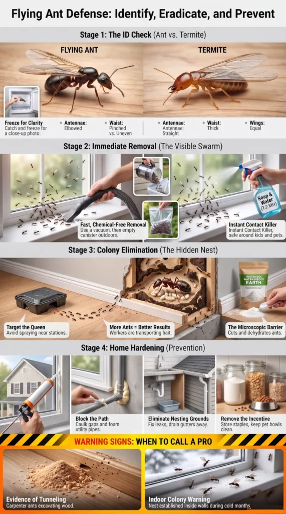 Infographic showing how to get rid of flying ants by identifying flying ants vs termites, removing swarms, eliminating colonies with bait, sealing entry points, and recognizing warning signs that require professional pest control.