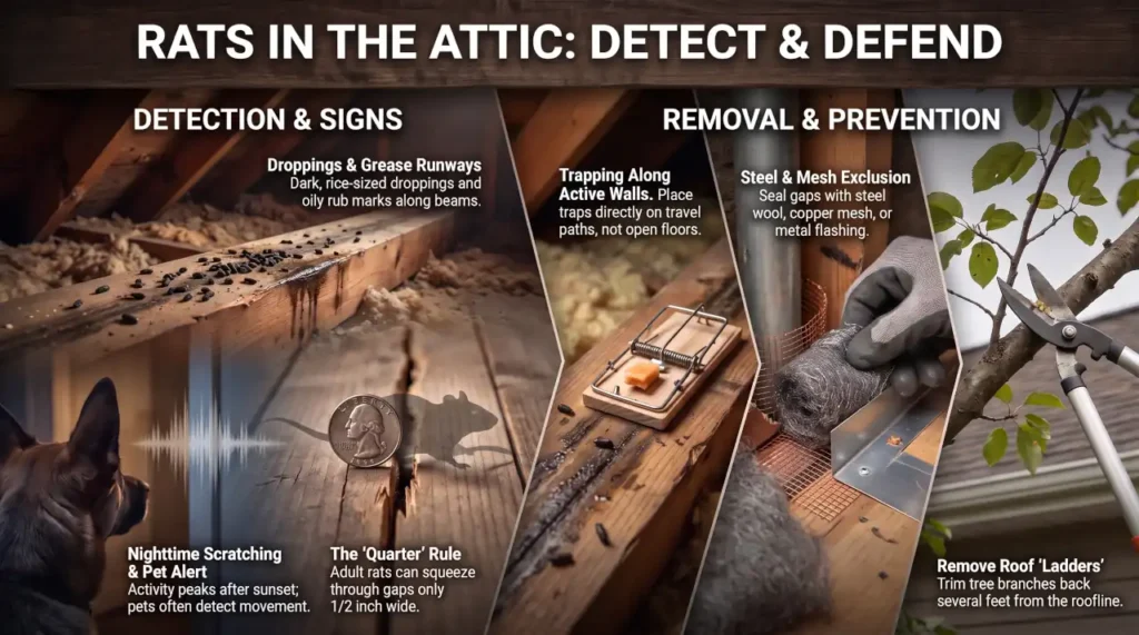 Infographic showing how to get rid of rats in the attic, including signs of infestation, proper trap placement, sealing entry points, and long-term prevention tips.