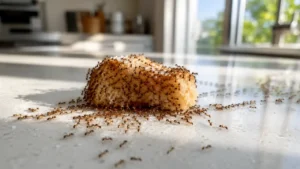 Colony of sugar ants feeding on a sugary food source on a kitchen countertop.