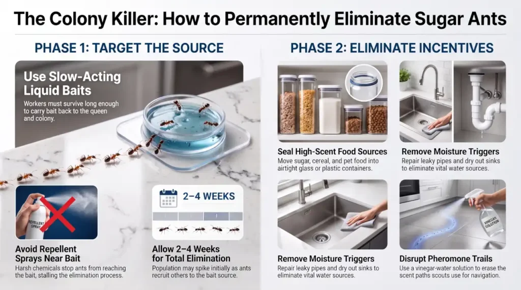 Infographic showing how to get rid of sugar ants using slow-acting bait, sanitation, moisture control, and scent trail disruption.