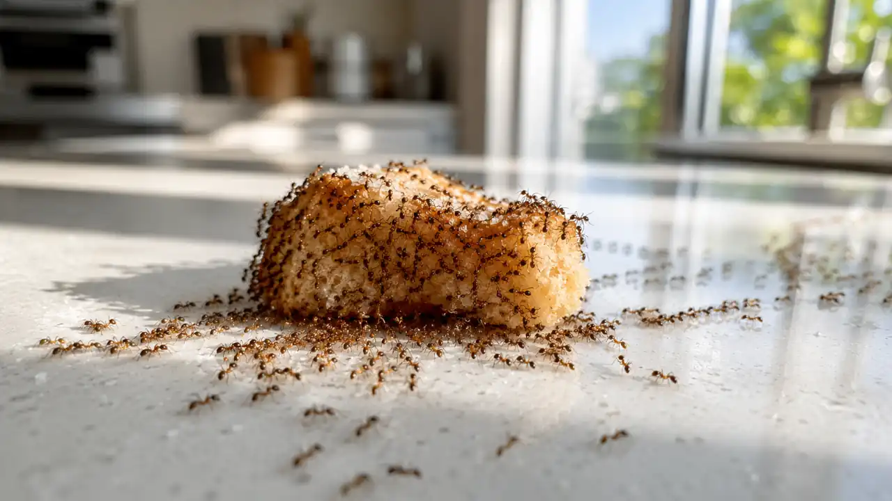 Colony of sugar ants feeding on a sugary food source on a kitchen countertop.