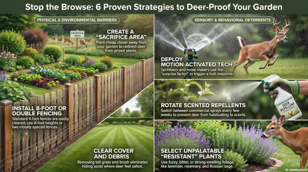 Infographic showing nine effective ways to keep deer from eating plants, including fencing, deer-resistant plants, repellents, motion-activated sprinklers, garden cleanup, and scare tactics.