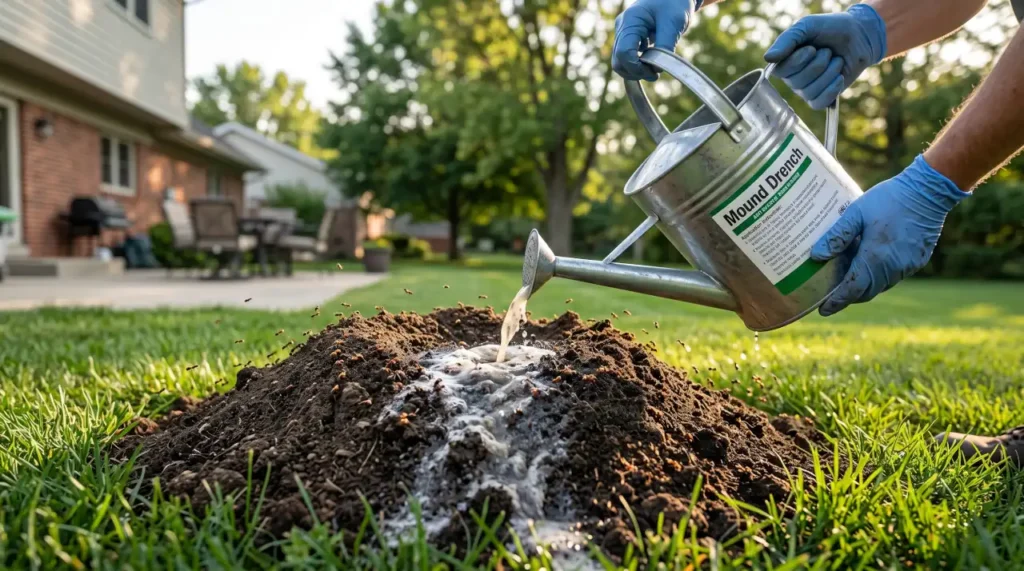 Homeowner applying a liquid insecticide drench directly onto an active ant hill in a lawn.