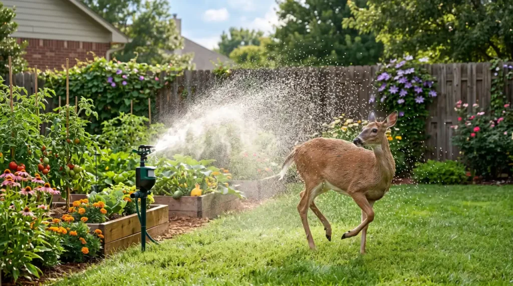 Motion-activated sprinkler spraying water at a deer entering a backyard garden.