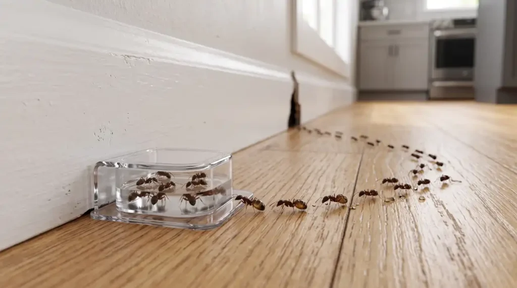 Worker ants feeding on professional ant bait and carrying it back to the colony during extermination treatment.