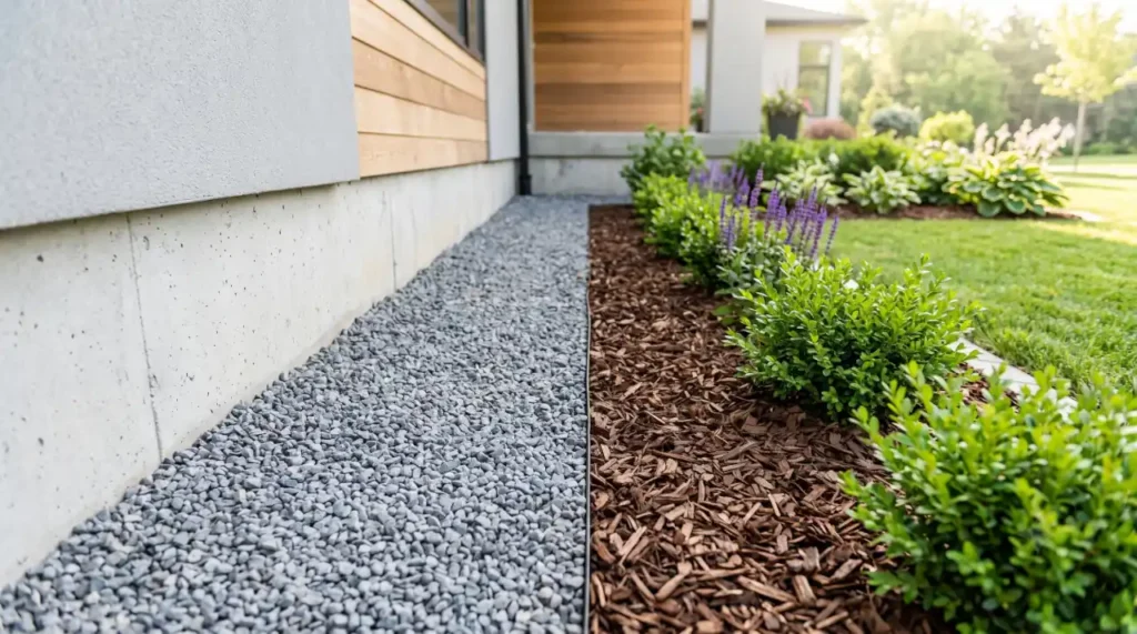 Proper mulch installation showing a 6–12 inch gravel buffer between a home's foundation and a cedar mulch bed.