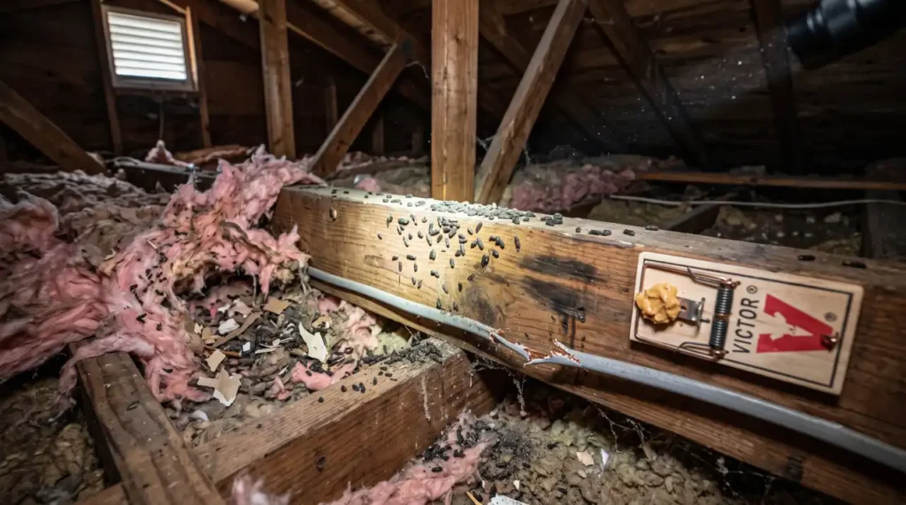 Rat infestation in an attic showing droppings, gnaw marks, damaged insulation, and a properly placed snap trap along a rafter.
