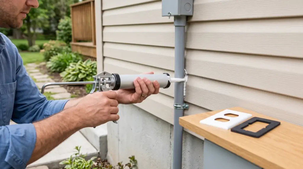 Homeowner sealing gaps around an exterior electrical conduit to help prevent ants from entering wall cavities.