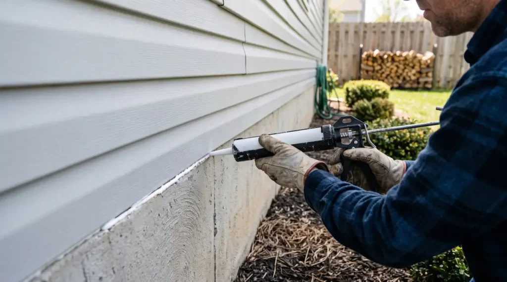 Homeowner sealing a small gap along a house foundation to help prevent daddy long legs from entering.
