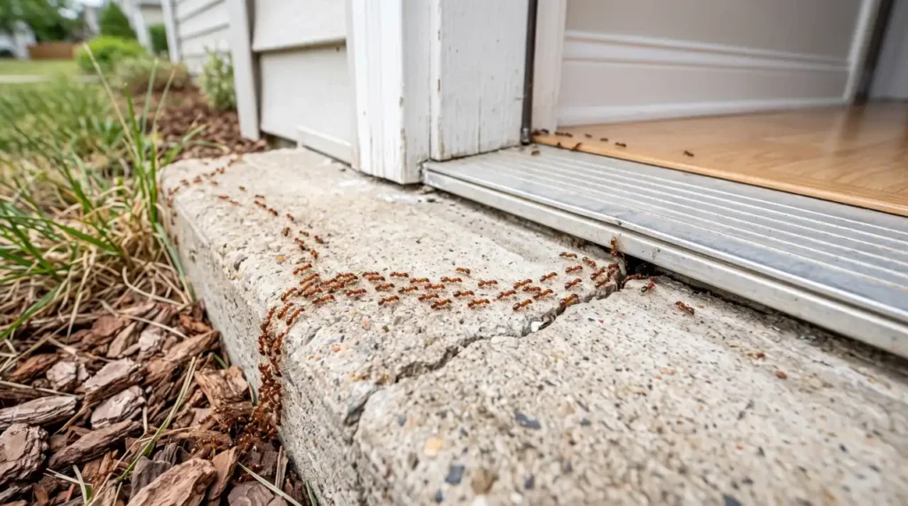 Sugar ants entering a home through a small crack beneath an exterior door and foundation.