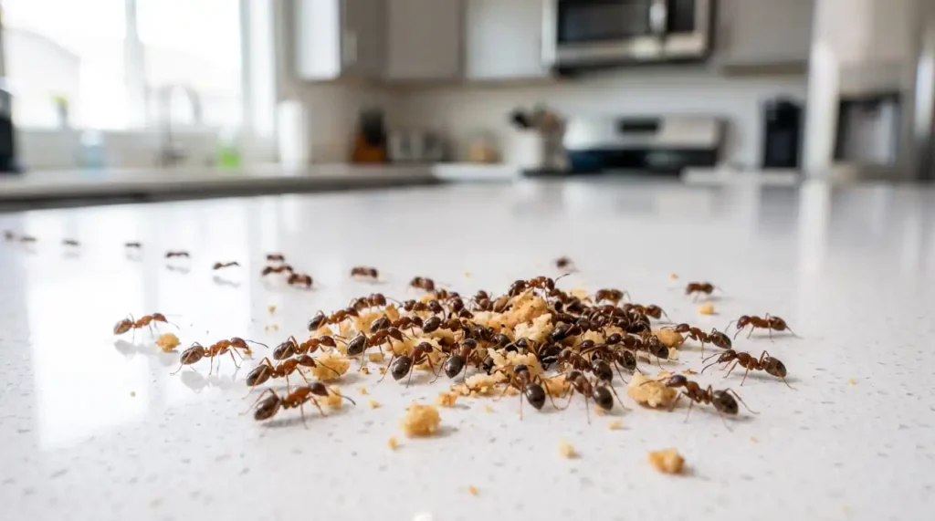 Dozens of sugar ants gathering around food crumbs on a kitchen countertop.