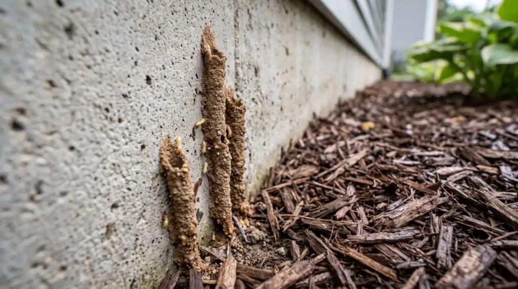Fresh subterranean termite mud tubes climbing a concrete foundation next to a landscaped mulch bed.