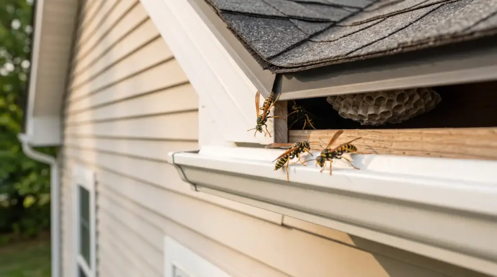 Paper wasps entering a sheltered gap beneath roof eaves, a common nesting location around homes.