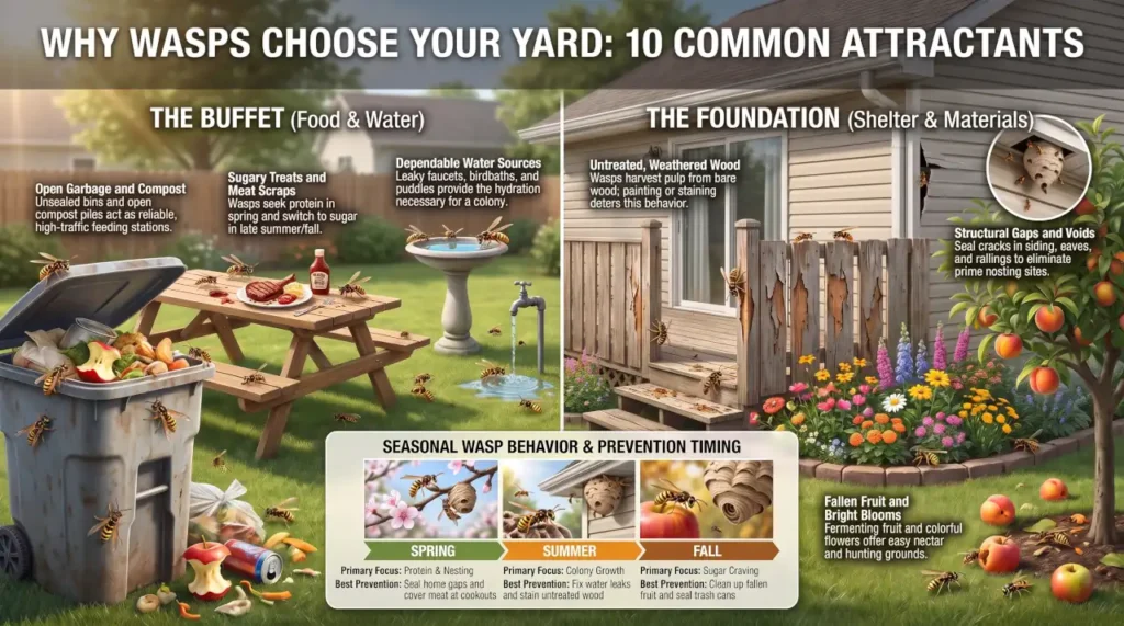 Infographic showing the most common things that attract wasps, including food, water, shelter, untreated wood, garbage, fallen fruit, flowers, and seasonal wasp behavior.