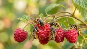 Yellowjackets feeding on ripe raspberries, demonstrating how sugary fruit naturally attracts wasps.