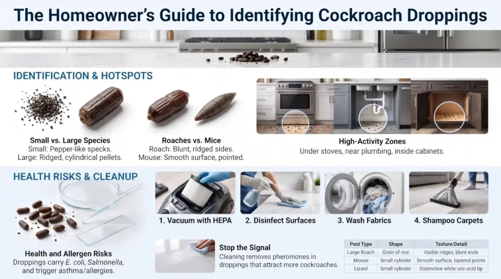 Infographic showing what cockroach droppings look like, how to identify them, common hiding spots, health risks, and safe cleanup steps.