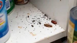 Real cockroach droppings scattered beside an adult cockroach on a kitchen cabinet surface.