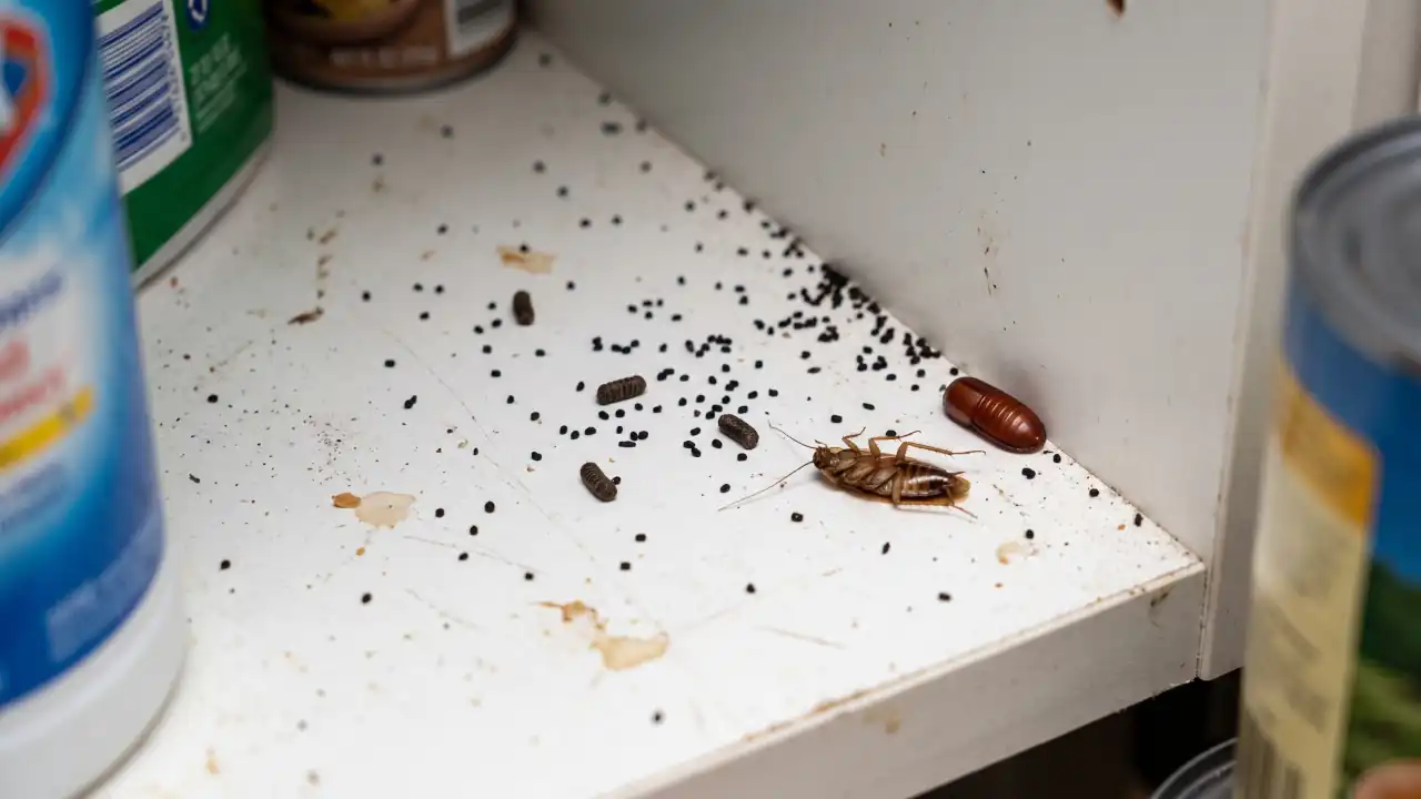 Real cockroach droppings scattered beside an adult cockroach on a kitchen cabinet surface.