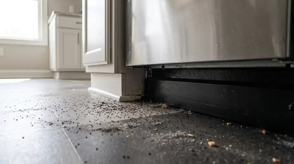 Common places to find cockroach droppings beneath appliances, inside cabinets, and around plumbing.