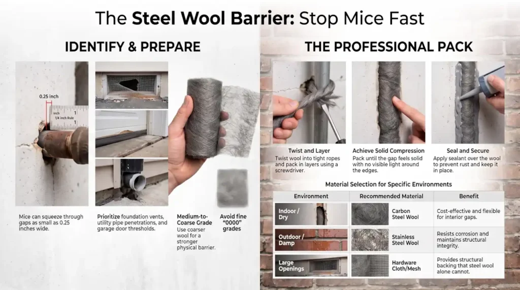 Infographic showing how to use coarse steel wool to block mouse entry gaps