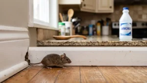 House mouse near a kitchen baseboard with household ammonia in the background