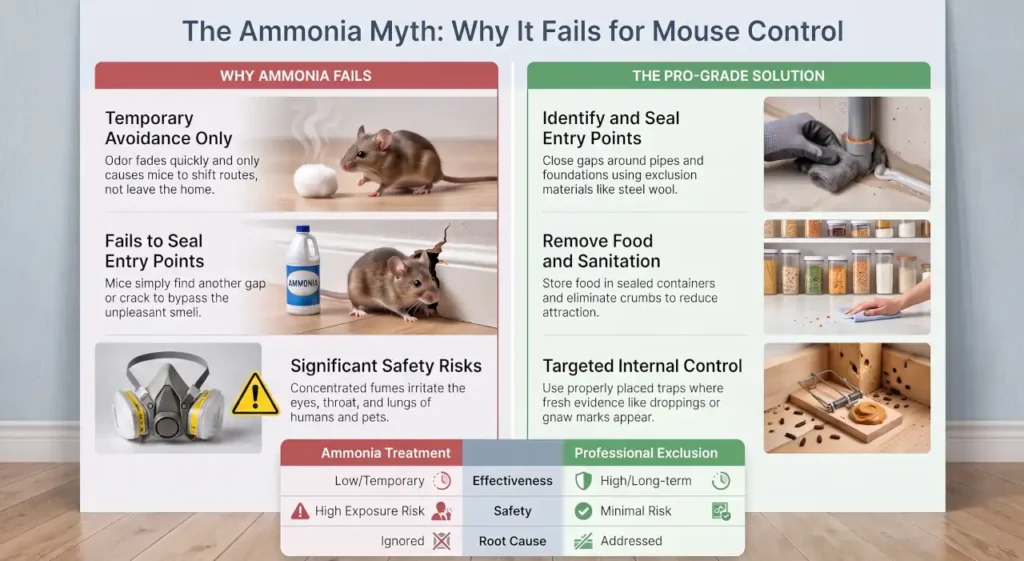 Infographic comparing ammonia for mice with exclusion, sanitation, and targeted mouse control