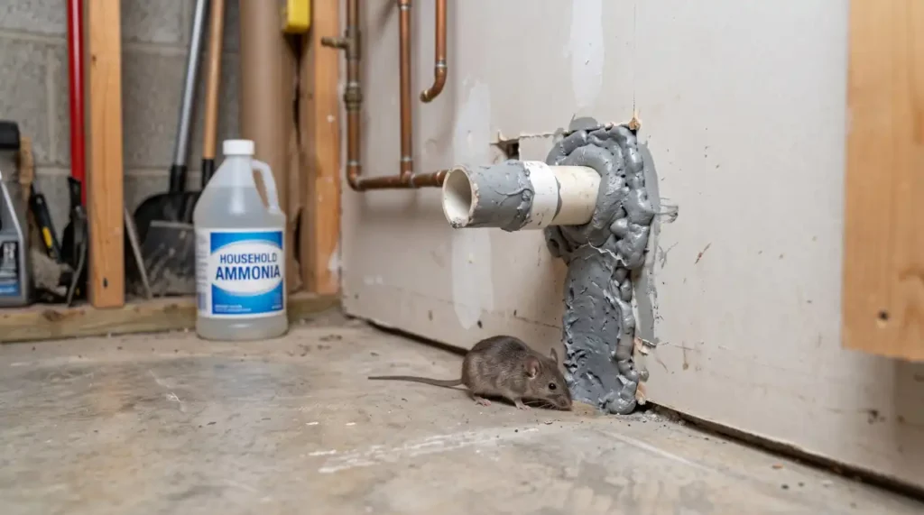 House mouse near a plumbing entry point where exclusion can prevent access