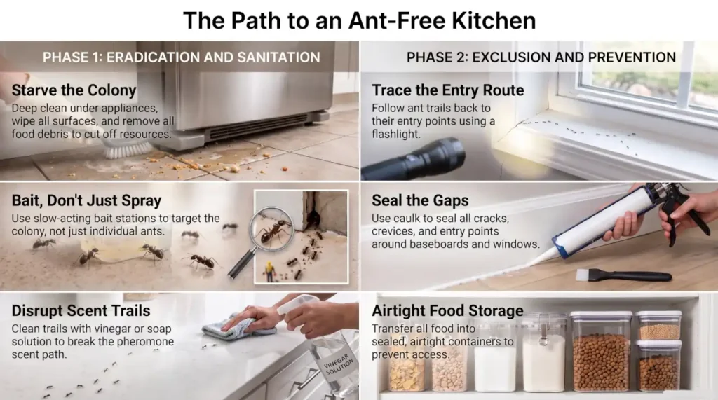 Infographic showing kitchen ant control steps including cleaning, baiting, trail management, sealing gaps, and food storage