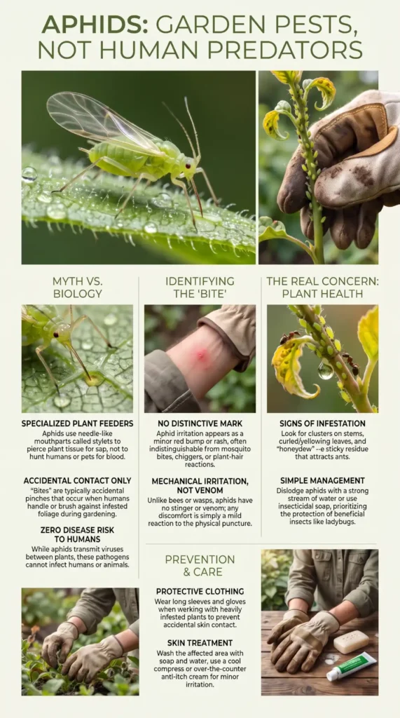 Infographic explaining aphid biology, accidental skin contact, human health risks, plant infestation signs, prevention, and treatment