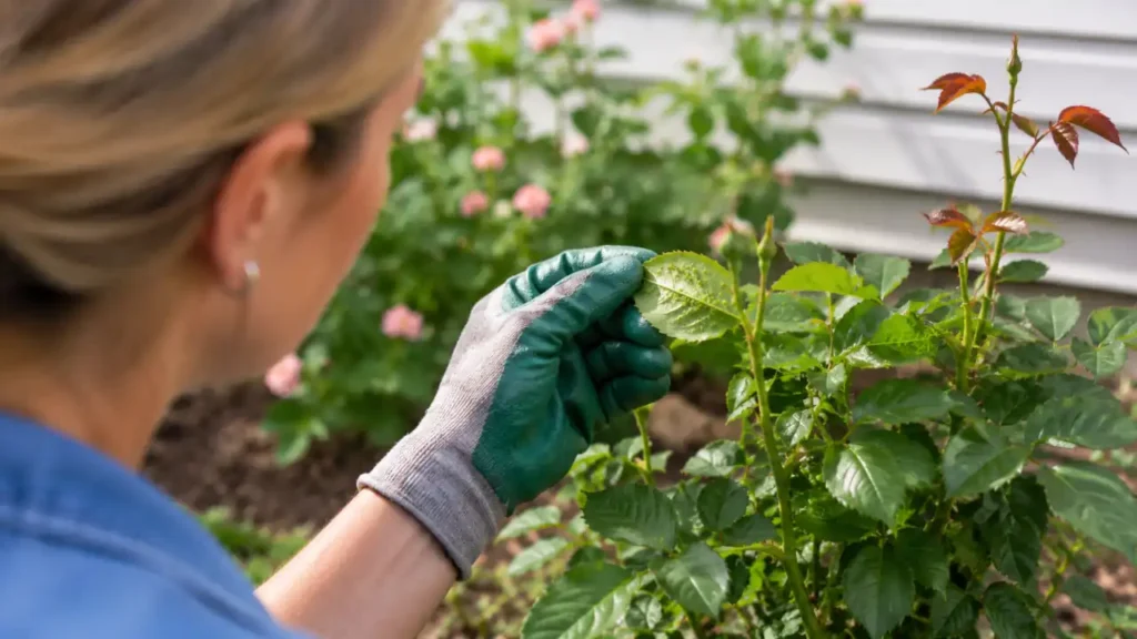 Homeowner inspecting aphids on the underside of a garden plant leaf