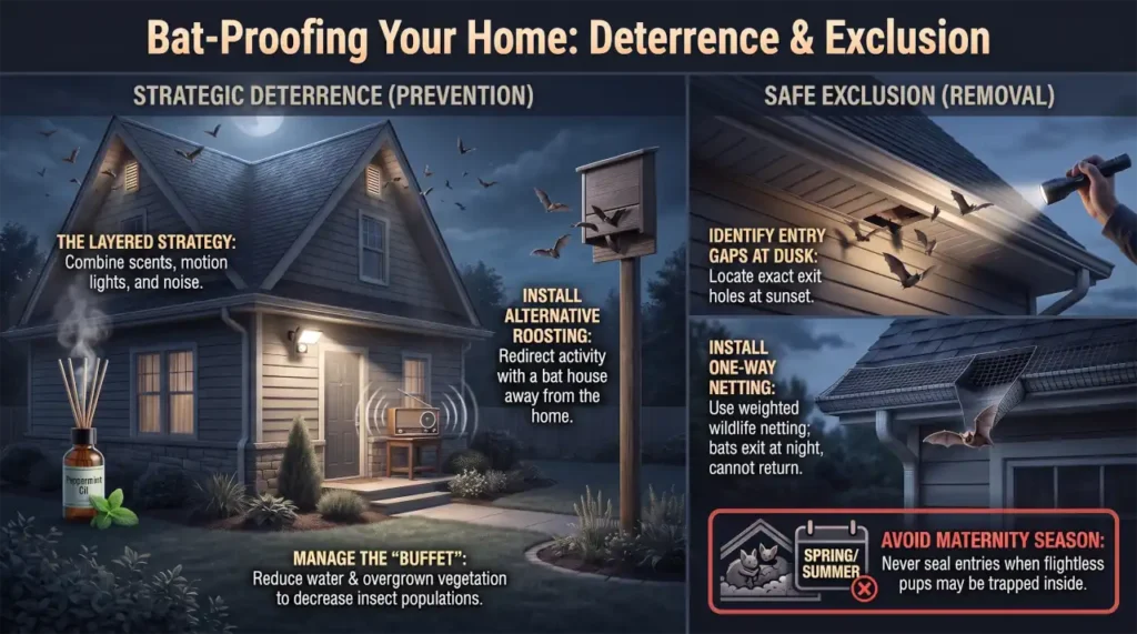Bat deterrence and exclusion methods for preventing bats from entering a home
