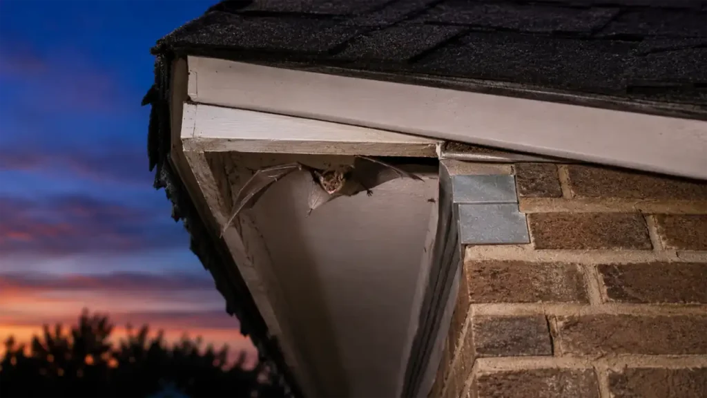 Bat emerging from a gap beneath a home's roof eave at dusk