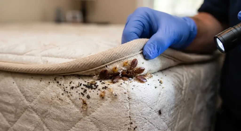 Professional bed bug inspection revealing live bed bugs, eggs, shed skins, and fecal spots hidden inside a mattress seam.