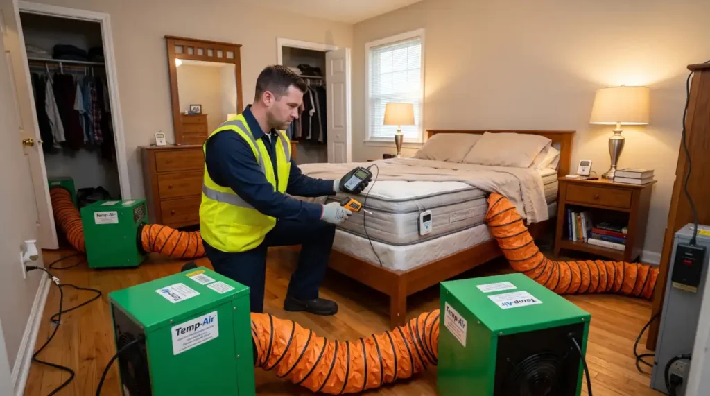 Pest technician monitoring temperatures during professional bed bug heat treatment in a bedroom