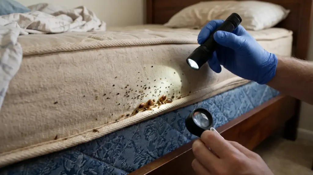 Close-up inspection of a mattress seam showing bed bugs and dark spotting