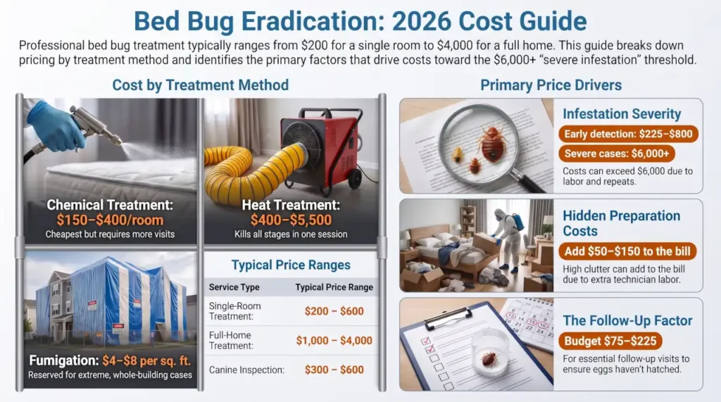 2026 bed bug treatment cost guide showing prices for chemical, heat, steam, fumigation, freezing, and canine inspection