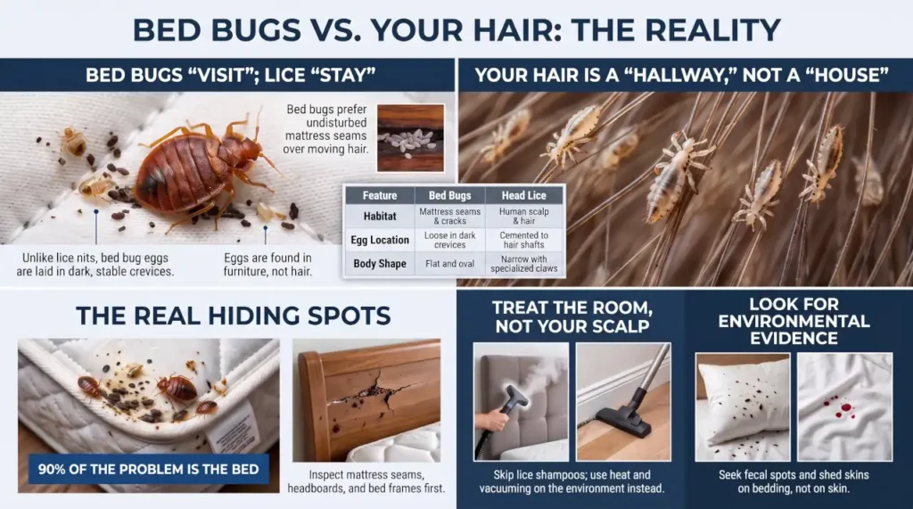 Infographic comparing bed bugs and head lice, showing why bed bugs do not live in human hair