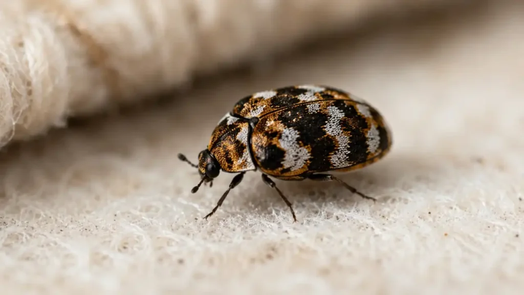 Close-up of a carpet beetle showing its body markings