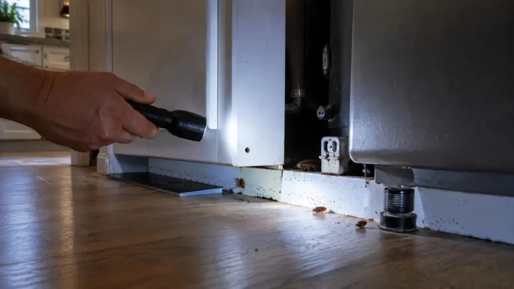 Inspecting behind a kitchen appliance for cockroach droppings, shed skins, and other signs of activity.