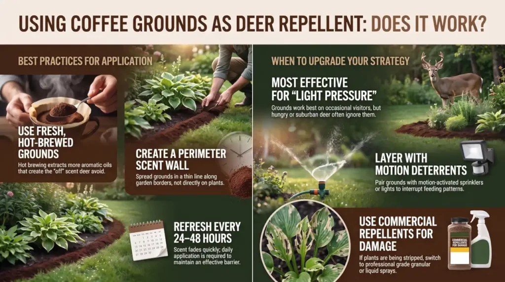 Infographic showing how to use coffee grounds as a deer repellent, including application tips, scent barriers, refresh frequency, and layered deterrent methods.