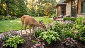 White-tailed deer eating hostas and flowering plants in a landscaped backyard, showing typical garden damage caused by deer.