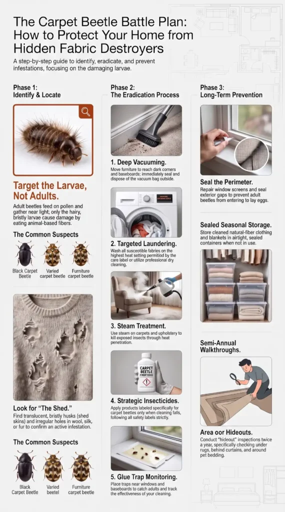 Carpet beetle identification, treatment, and prevention infographic