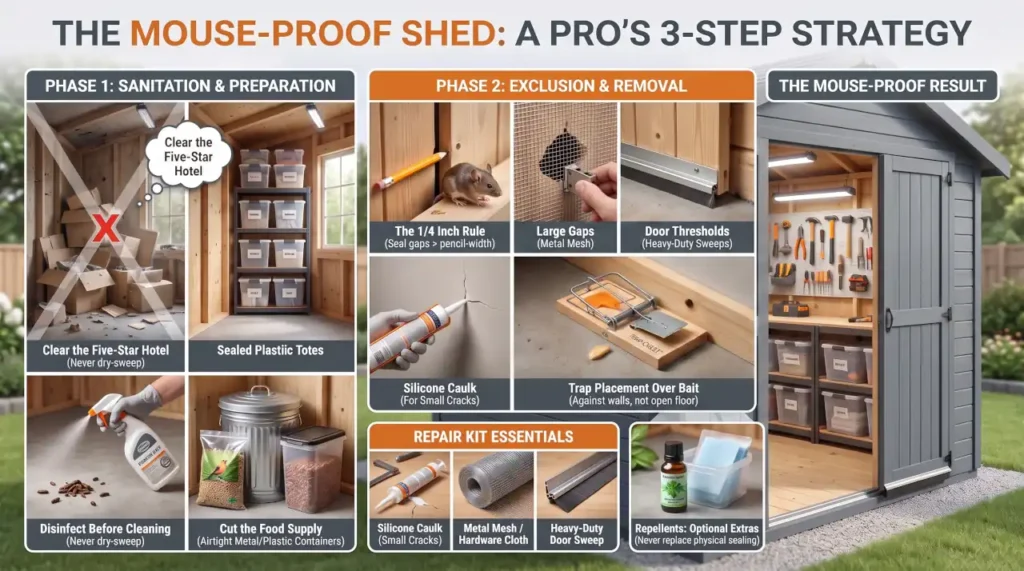 3-step strategy for keeping mice out of a shed using sanitation, exclusion, and removal