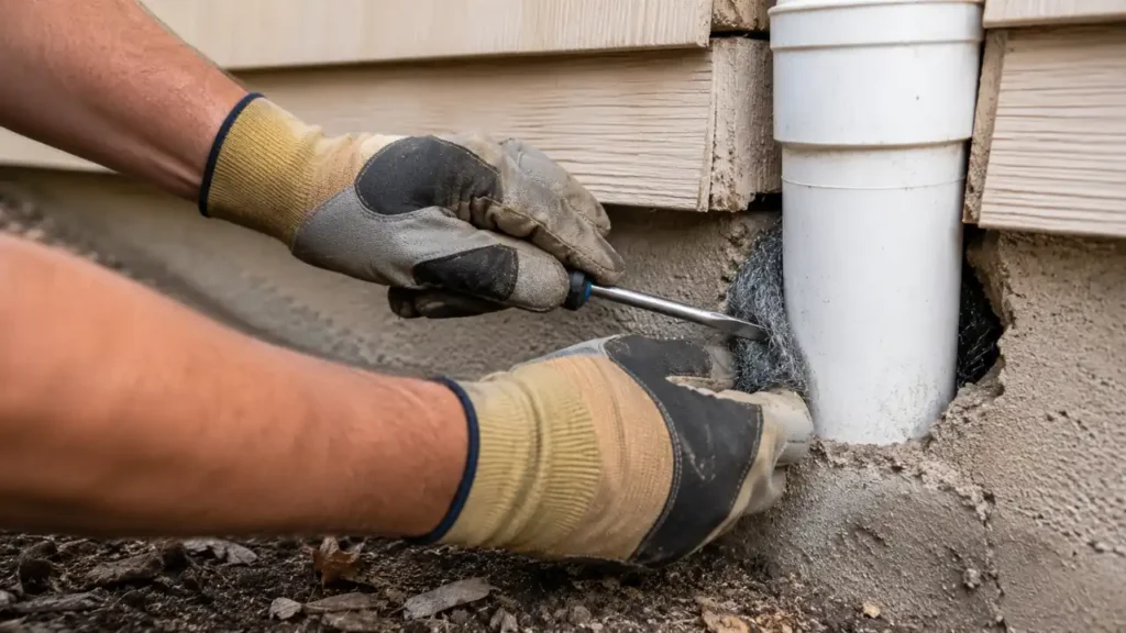 Gloved hands packing coarse steel wool into a mouse entry gap around an exterior pipe