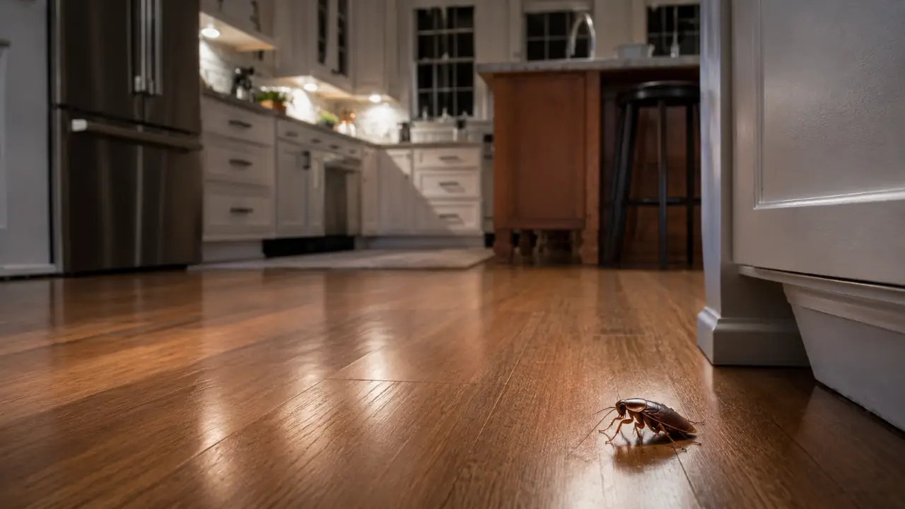 I saw one cockroach on the floor of a clean residential kitchen at night.