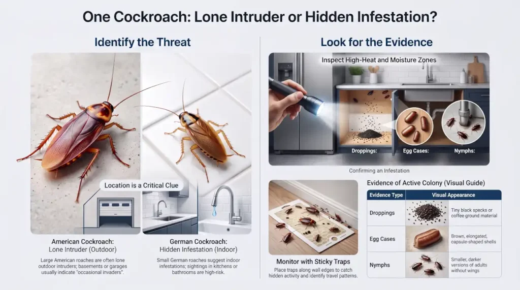 Infographic showing how to determine whether one cockroach is an occasional intruder or evidence of an infestation, including species identification, droppings, egg cases, nymphs, and sticky traps.